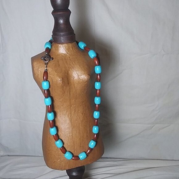 Turquoise & Wooden Beaded Necklace - Picture 1 of 8